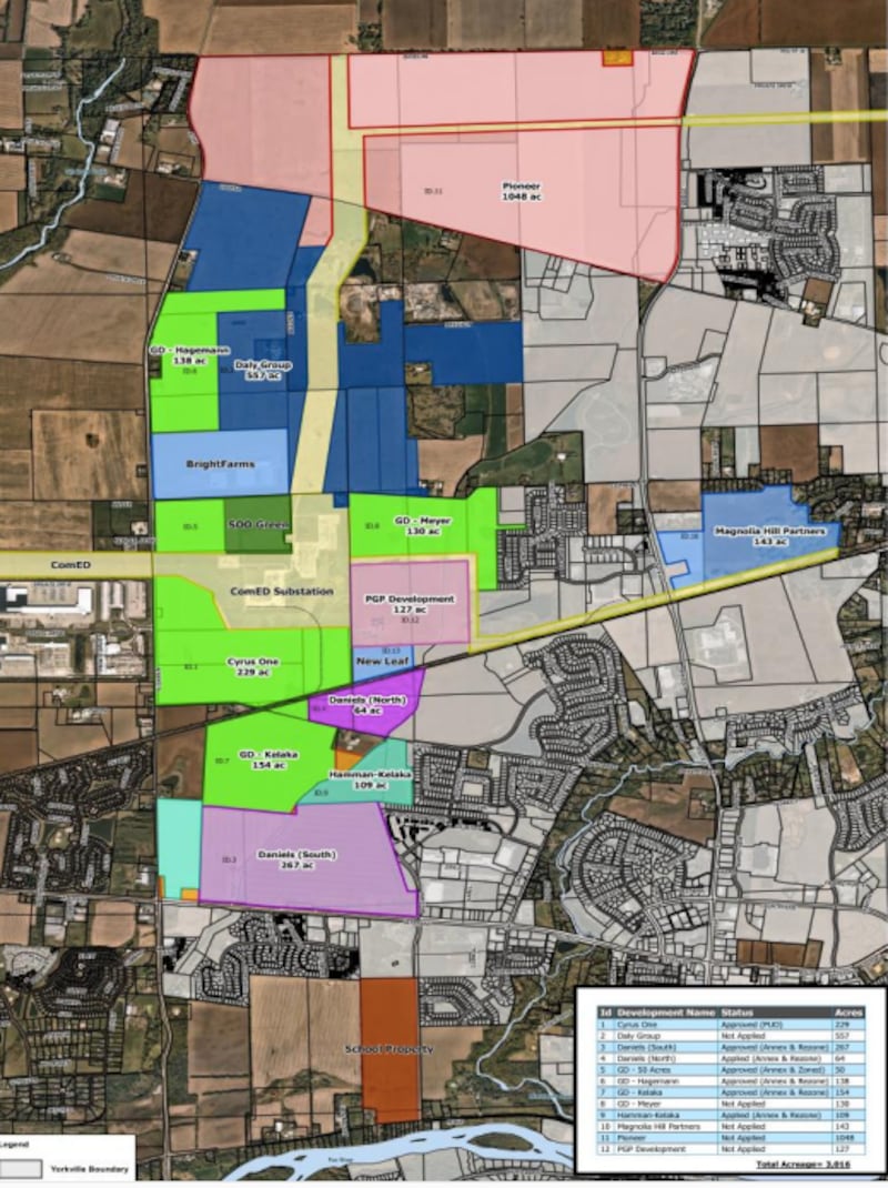 Currently, 3,016 acres in Yorkville have been slated for data center development along the town’s ComEd transmission station line off Eldamain Road. This includes 12 separate development projects either already approved, currently under review, or involving site inquiries with the intent to apply for permit.