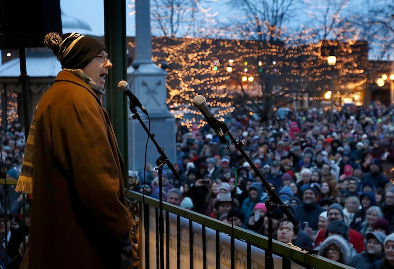 Stephen Tobolowsky who played "Ned Ryerson" in the movie "Groundhog Day" talks about the importance of art magic that brings people together on Sunday, Feb. 2, 2025, during the annual Groundhog Day Prognostication in the Woodstock Square.