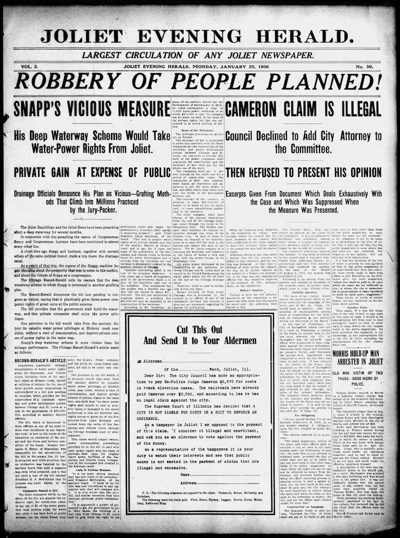 The cover of the Joliet Evening Herald on Jan. 29, 1906