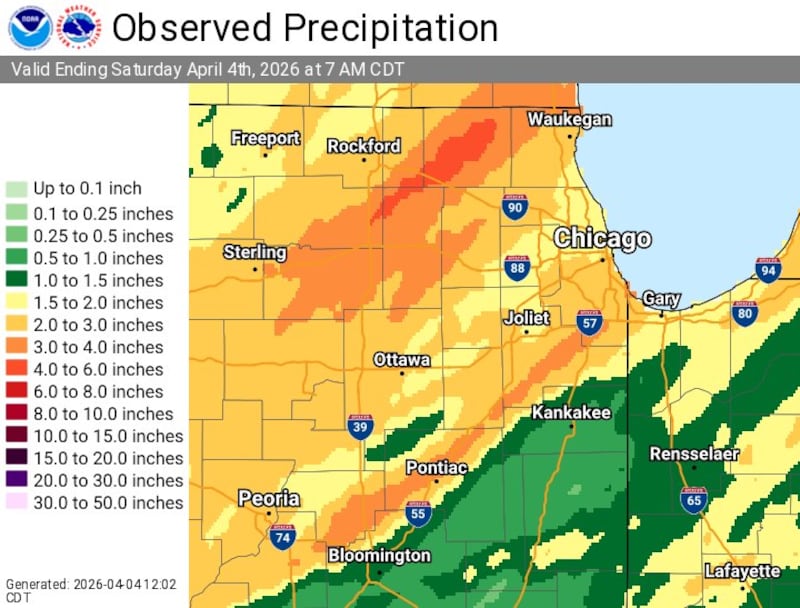 A map posted on the National Weather Service Facebook page Saturday, April 4, 2026, showing how much rain fell over northern Illinois over the past few days.