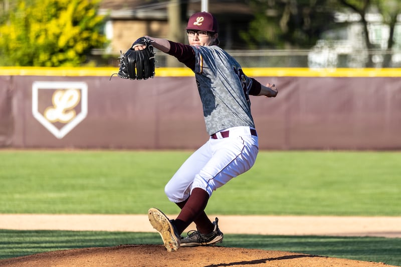 Lockport's Matt Fox pitches during the game against Joliet Catholic Academy at Ed Flink Field on May 8, 2025.