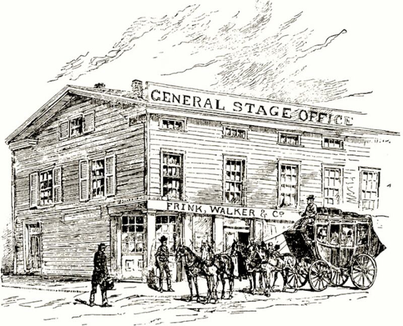 An early drawing of Frink & Walker’s stagecoach headquarters in Chicago, ca. 1845.