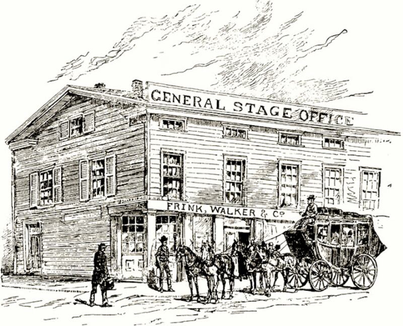 An early drawing of Frink & Walker’s stagecoach headquarters in Chicago, ca. 1845.