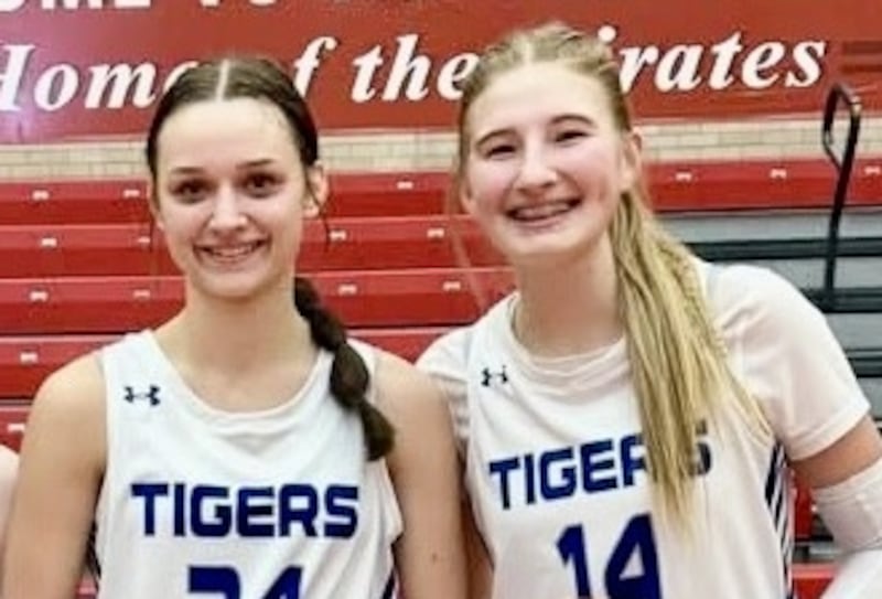 Princeton's Keighley Davis (left) and Payton Brandt were both named first-team Three Rivers East All-Conference for 2025-26.