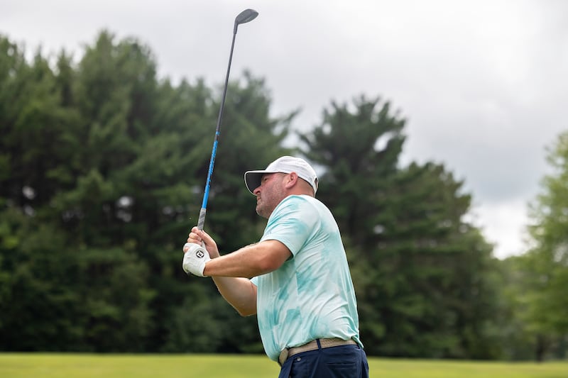 Jason Wombacher of Prairie View tees off on #5 Saturday, July 19, 2025, during the 103rd Annual Lincoln Highway Men’s Golf Tournament.