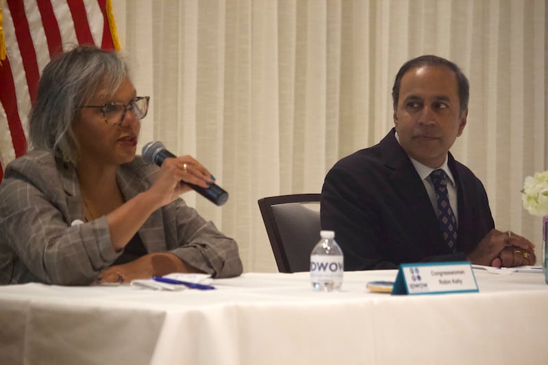 U.S. Representatives Robin Kelly (left) and Raja Krishnamoorthi at the Democratic U.S. Senate forum at the International Brotherhood of Electrical Workers in Joliet on Sunday, Sept. 14, 2025.