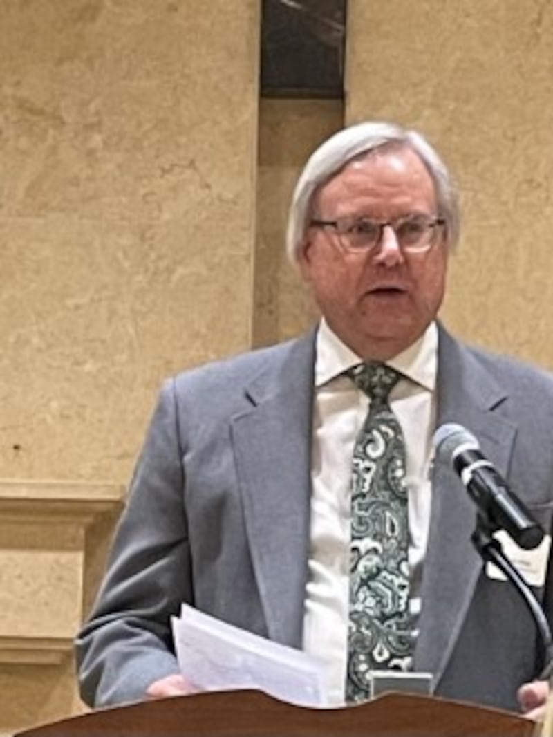 Veteran Shaw Local reporter Bob Okon speaks at the Northern Illinois University's Department of Communication's annual journalism awards ceremony on Friday. April 17, 2026. Okon was honored as NIU's Illinois Journalist of the Year.