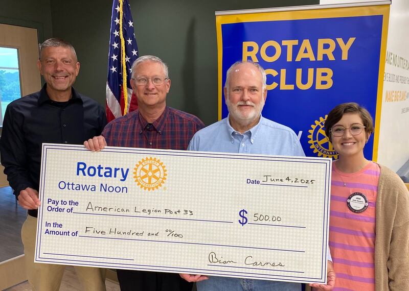 The Ottawa Noon Rotary Club donated $500 to the Ottawa American Legion Post 33, to support the purchase of new tables and chairs for the recently refurbished upstairs meeting room at the Legion Hall.