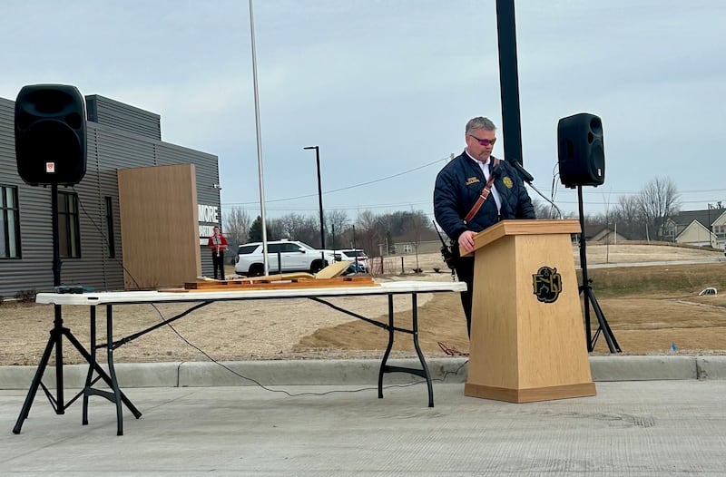 Sycamore Fire Chief Bart Gilmore speaks at a flag ceremony on Tuesday, Feb. 17, 2026, to mark the opening of the Sycamore Fire Department's new fire station, 1351 S. Prairie Drive. The station will replace the aging building at 535 DeKalb Ave.