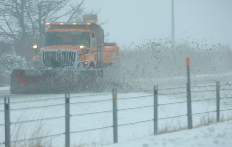 A slow plow removes snow along Interstate 80 on Saturday, Nov 29, 2025 between Utica and Ottawa.