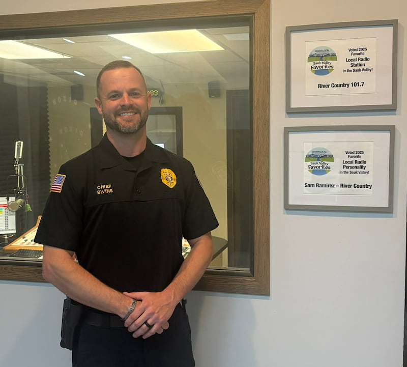 Dixon Police Department's Chief of Police Ryan Bivins visits the WIXN radio station in Dixon on April 22, 2026, to appear on Talk Line.