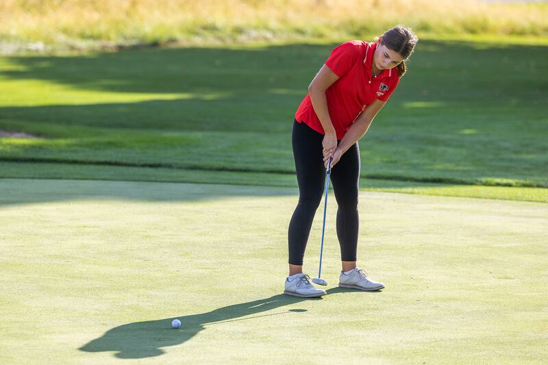 Erie-Prophetstown’s Izzy Johnston putts on #2 at Emerald Hill Wednesday, Sept. 24, 2025.
