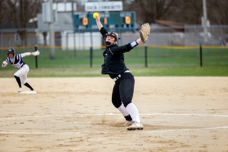 Genoa-Kingston’s Lizzy Davis fires a pitch against Dixon Monday, April 7, 2025.