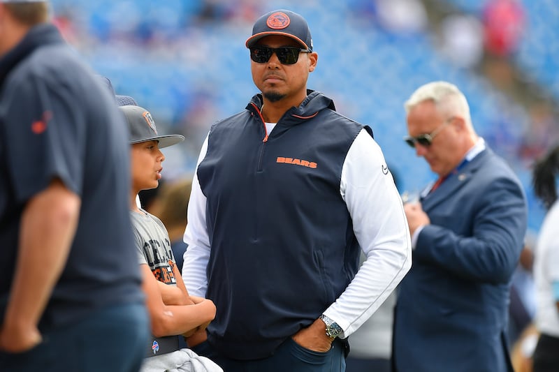 Chicago Bears general manager Ryan Poles watches warm ups before a preseason NFL football game against the Buffalo Bills in Orchard Park, N.Y., Saturday, Aug. 10, 2024. (AP Photo/Adrian Kraus)
