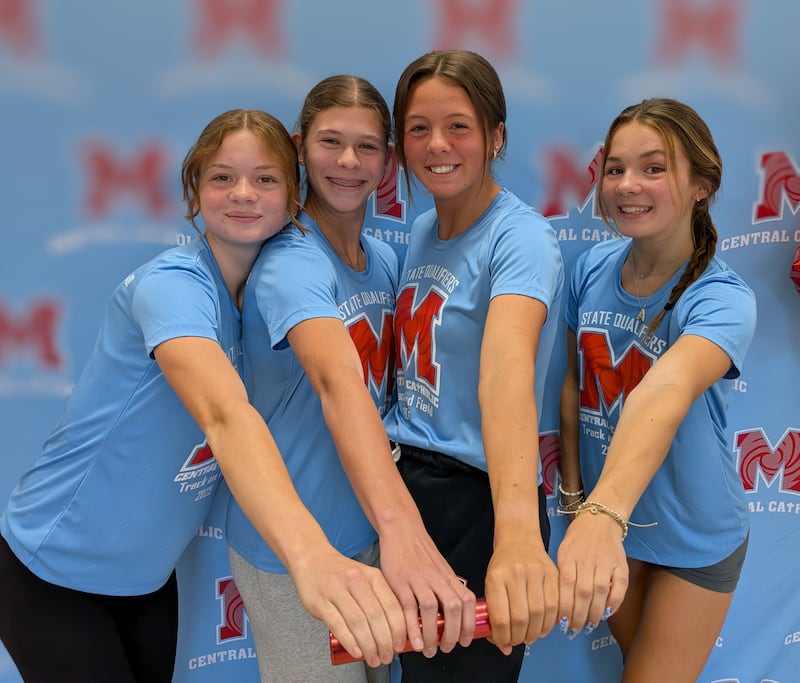 Marian Central's (from left) Lainey Remke, Addie Leitzen, Kaitlyn Remke, Jenna Remke and Kalia Paris (not pictured) will represent the Hurricanes in the IHSA Class 1A Girls Track and Field State Meet this week in downstate Charleston. The Class 1A state meet starts Thursday.