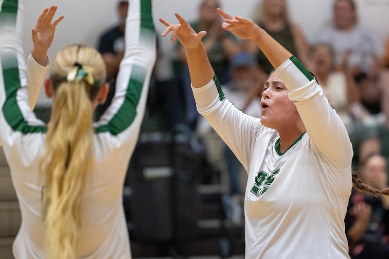 Ava Balestri (25) of St. Bede celebrates after team scores point on Thursday, Sept. 11, 2025 at Abbot Vincent Gymnasium in Peru.