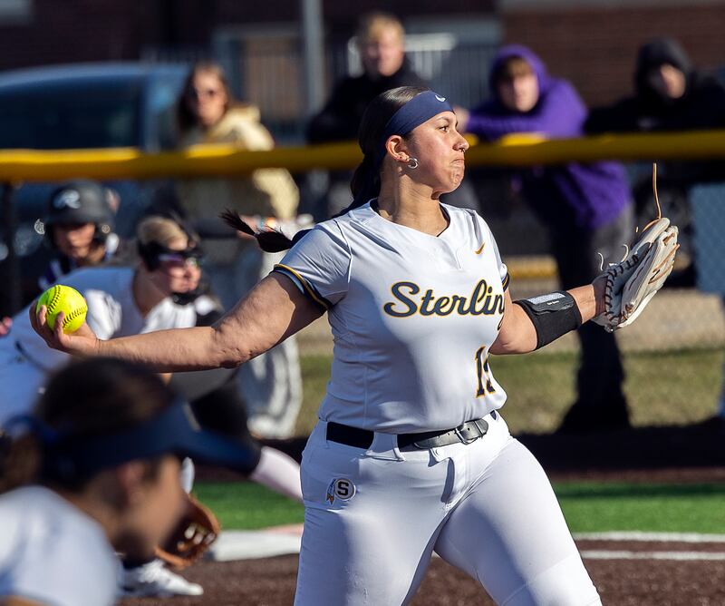 Sterling’s Lily Martinez fires a pitch against Dixon Tuesday, March 25, 2025.