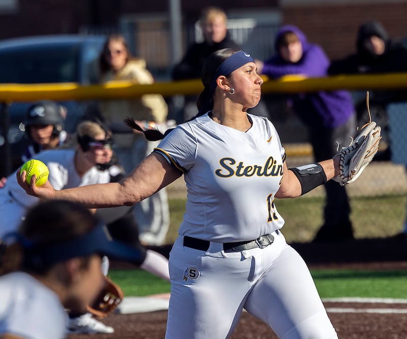 Sterling’s Lily Martinez fires a pitch against Dixon Tuesday, March 25, 2025.