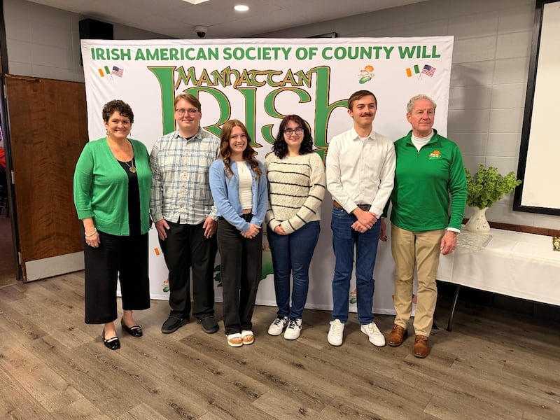 The Irish American Society of County Will board members Mary Whalen Johnson and Tim Broderick join 2026 IASCW Student Scholars (from left) Weston McCure, Julia Szymala, Madeline Punda and Austin Dietz. IASCW Executive Director Tim Brophy presented certificates to the students at the annual IASCW Scholarship Banquet on Sunday, April 19, at the Knights of Columbus, 100 S. 129th Infantry Drive in Joliet.