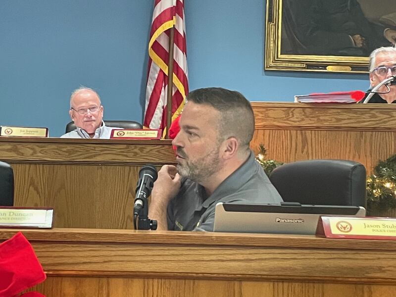 La Salle Police Chief Jason Stubler listens as La Salle aldermen question him about the new squad car Monday, Dec. 8, 2025. The city council approved the hybrid cruiser, a first for the city.