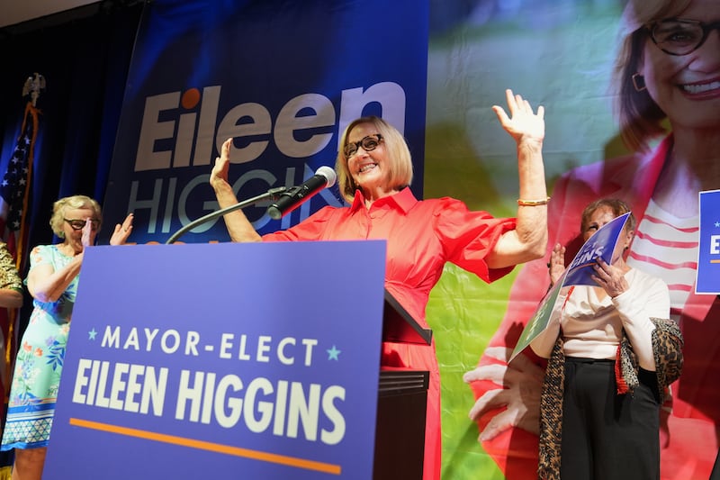 Miami mayor-elect Eileen Higgins celebrates at a watch party after winning the Miami mayoral runoff election, Tuesday, Dec. 9, 2025, in Miami. (AP Photo/Lynne Sladky)
