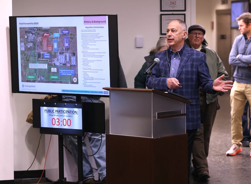 DeKalb developer Jerry Krusinski of ChicagoWest Business Center, which is petitioning for city support to rezone and annex 560 acres of land for Endeavour Energy to build a major, multi-building data center, speaks on Monday, Dec. 1, 2025, during the city's Planning and Zoning Commission hearing at the DeKalb Public Library.