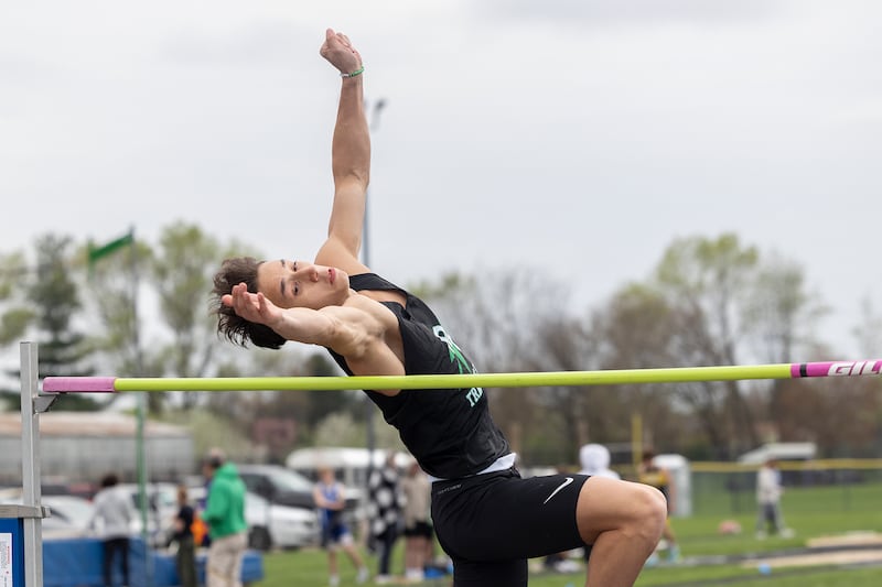 Rock Falls’ Anthony Valdivia clears the bar in the high jump Friday, April 25, 2025, during the Rock Falls Rocket Invite.