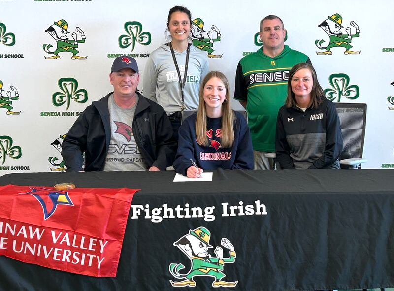 Recent Seneca graduate and Times All-Area Track and Field Honor Roll member Evelyn O'Connor has committed to continue her education at Saginaw Valley State University in University Center, Michigan, and her running career in both cross country and track at the NCAA Division II level with the Cardinals. At her signing ceremony are (left to right): in front – Jim O'Connor, Evelyn O'Connor, Kim Foster; and in back – Eva Bruno and Ted O'Boyle.