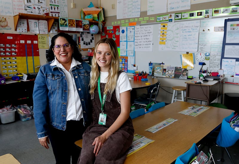 Dual language teachers Lillian Hayes and Elle Creighton on Tuesday, April 22, 2025, at Dean Street Elementary School in Woodstock. Hayes has been teaching dual language classes in District 200 for 20 years.  Creighton was a student in Hayes' first class of dual language students.