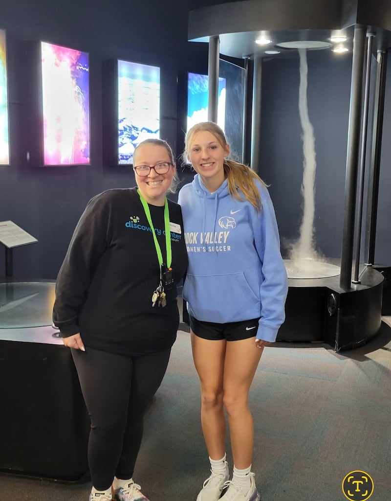 On May 23, the Leaf River Soaring Eagles 4-H Club took a trip to the Discovery Center in Rockford. Pictured are Kristen and Lydia Sherburne in front of the tornado.