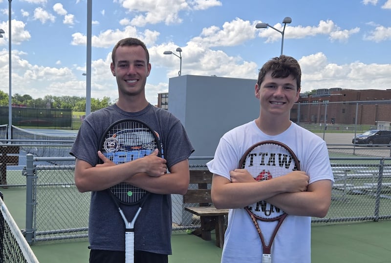 The Ottawa No. 1 doubles team of Kaden Araujo (at left) and Ayden Sexton are the 2026 Times Boys Tennis Players of the Year.