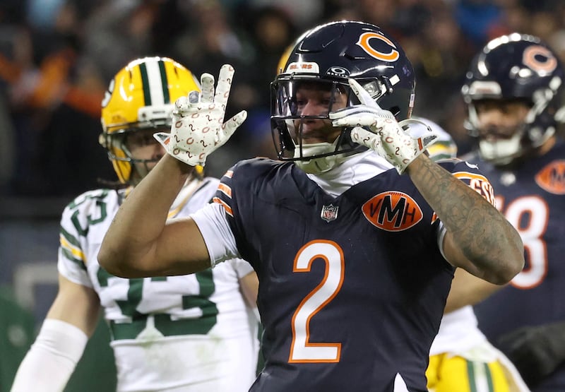 Chicago Bears wide receiver DJ Moore celebrates after making a catch during their NFL Wild Card game against the Green Bay Packers Saturday, Jan. 10, 2026, at Soldier Field in Chicago.