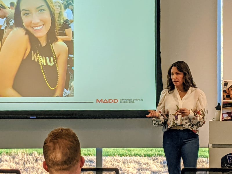 Michele Gansberg talks to law enforcement officers about her daughter, Kaylee, who died after being hit by a drunken driver in August 2022. She spoke during a presentation hosted by MADD at the Oswego Police Station on April 18, 2026.