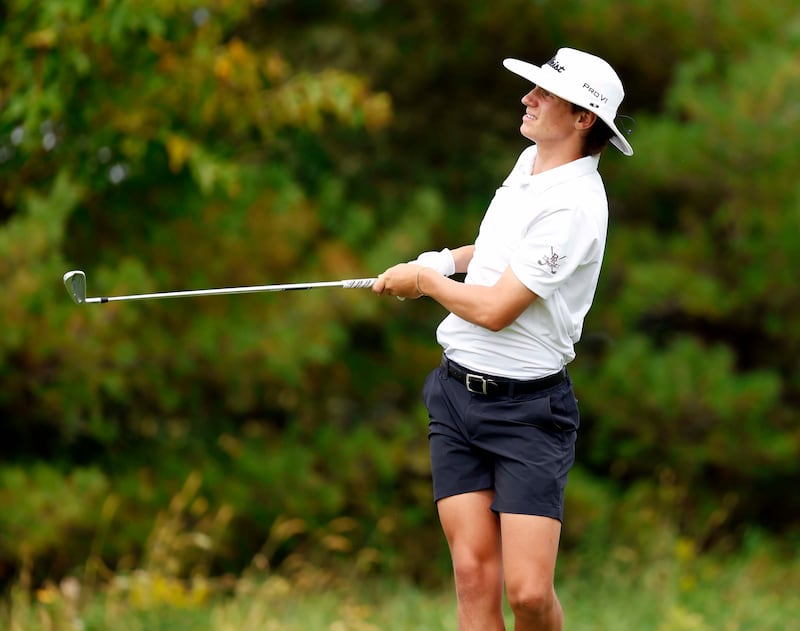 Jack Dahlem of Prairie Ridge, watches his tee shot during the Dundee-Crown Charger Invite Saturday, Sept. 20, 2025 at Randall Oaks Golf Club in West Dundee.