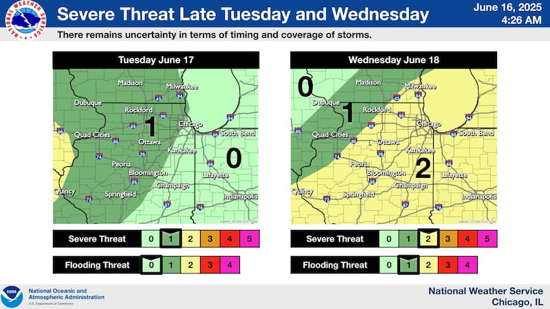 The levels of severe weather possible in northern Illinois on Tuesday and Wednesday