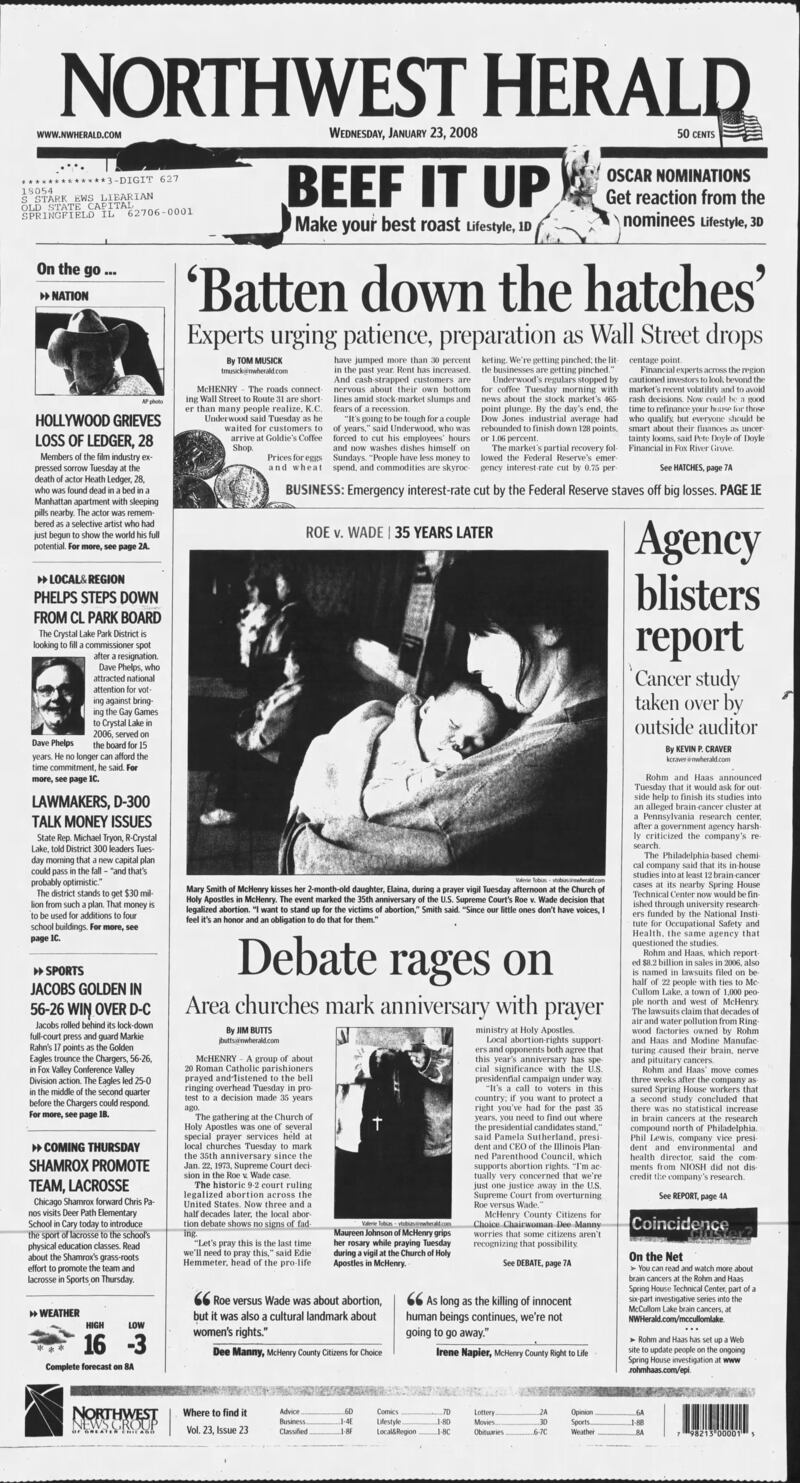 The cover of the Northwest Herald for Jan. 23, 2008