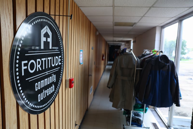 Donated coats hang on clothing racks at Fortitude Community Outreach on Thursday, Aug. 14, 2025, at the east Kankakee location. Fortitude founder Dawn Broers started the operation as a clothing and supplies drive in 2018 after reading about the number of homeless individuals that freeze to death each year.