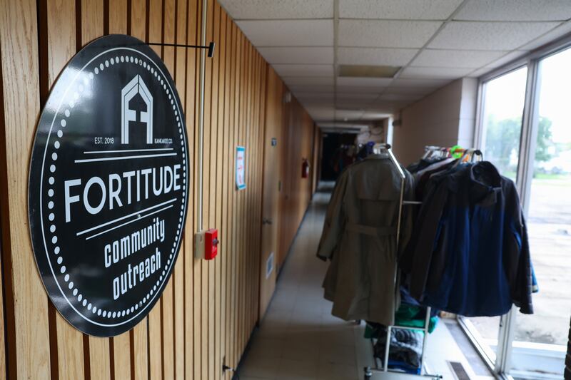 Donated coats hang on clothing racks at Fortitude Community Outreach on Thursday, Aug. 14, 2025, at the east Kankakee location. Fortitude founder Dawn Broers started the operation as a clothing and supplies drive in 2018 after reading about the number of homeless individuals that freeze to death each year.