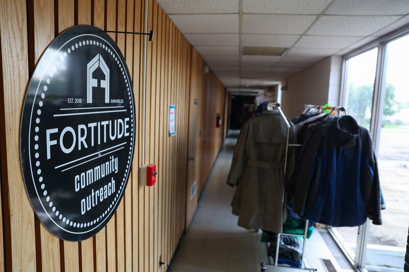 Donated coats hang on clothing racks at Fortitude Community Outreach on Thursday, Aug. 14, 2025, at the east Kankakee location. Fortitude founder Dawn Broers started the operation as a clothing and supplies drive in 2018 after reading about the number of homeless individuals that freeze to death each year.
