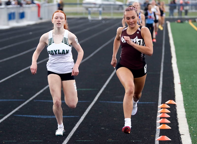 Prairie Ridge’s Anneke Dam (right) beats Rockford Boylan Catholic’s Nora Wedwick to the finish line in the 800 meter run during the IHSA Class 2A Johnsburg Girls Track and Field Sectional Meet on Wednesday,, May 13, 2026, at Johnsburg High School.