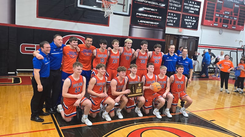 The Eastland boys basketball team is pictured after winning the Class 1A Orion Sectional title on Friday, March 6, 2026. They beat Pecatonica 48-41 to advance to the Elite Eight.