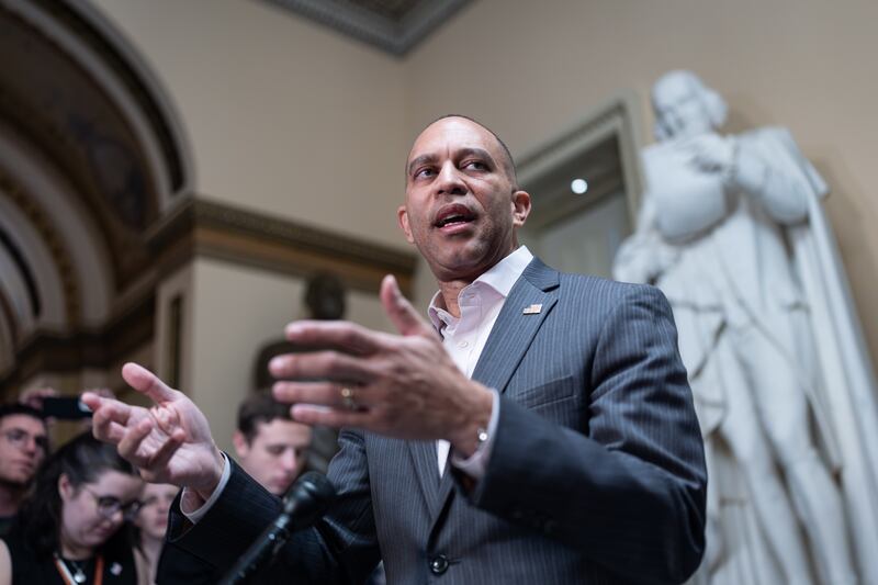 House Minority Leader Hakeem Jeffries, D-N.Y., meets with reporters near the closed House chamber on day 24 of the government shutdown, at the Capitol in Washington, Friday, Oct. 24, 2025. (AP Photo/J. Scott Applewhite)