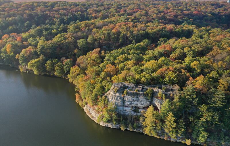 An aerial view of the fall colors near Lovers Leap on Friday, Oct. 31, 2025 at Starved Rock State Park.