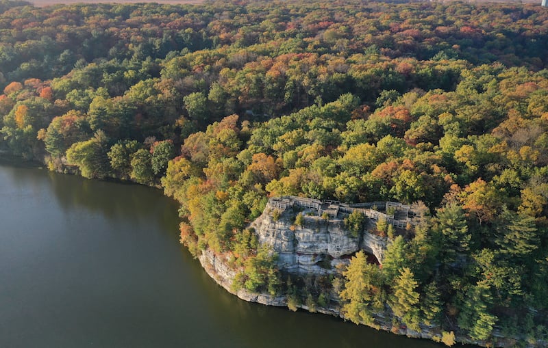 An aerial view of the fall colors near Lovers Leap on Friday, Oct. 31, 2025 at Starved Rock State Park.