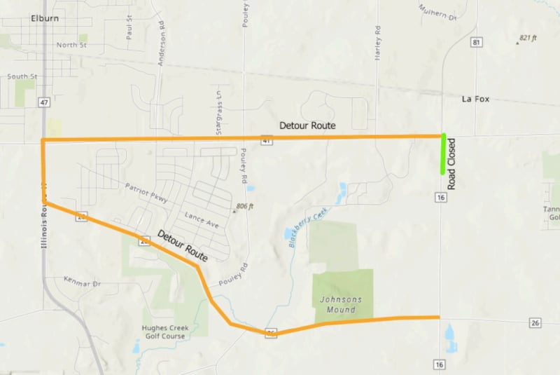 Bunker Road near La Fox in Kane County is closing starting March 2 as construction crews install a new bridge. The provided detour in marked in yellow.