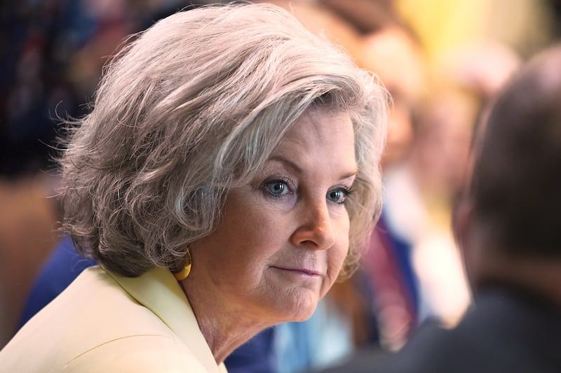FILE - White House Chief of Staff Susie Wiles listens during a cabinet meeting at the White House, April 30, 2025, in Washington. (AP Photo/Evan Vucci, File)