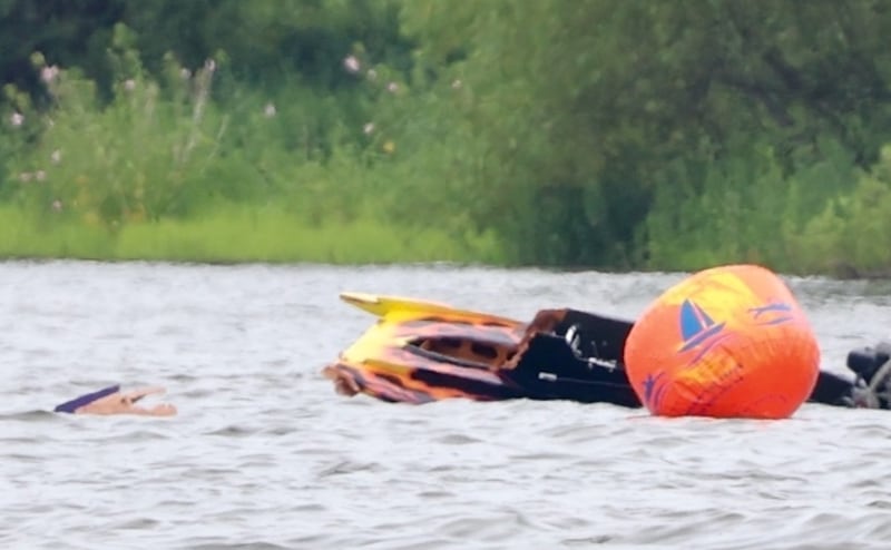 A boat sits in the water after an accident during the US Title Series (USTS) Pro National Championship Boat Races on Friday, July 25, 2025 in DePue.
