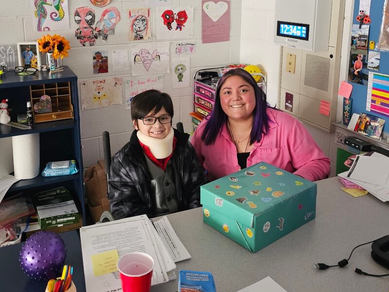 Fourth grader Leo Carmona and Westfield teacher Xenia Labombarbe celebrate Valentine's Day at the Algonquin school.