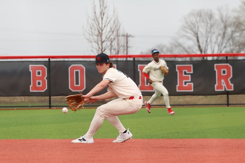 Bradley-Bourbonnais' Andrew Kubal fields the ball near second base during the Boilermakers' 8-7 loss to Homewood-Flossmoor on Monday, April 13, 2026.