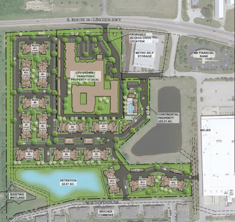 Concept plans for the "Springs at 38 West" and the "Traditions of St. Charles," occupy a 29-acre site on the southern side of Illinois Route 38, west of the Meijer grocery store in St. Charles.